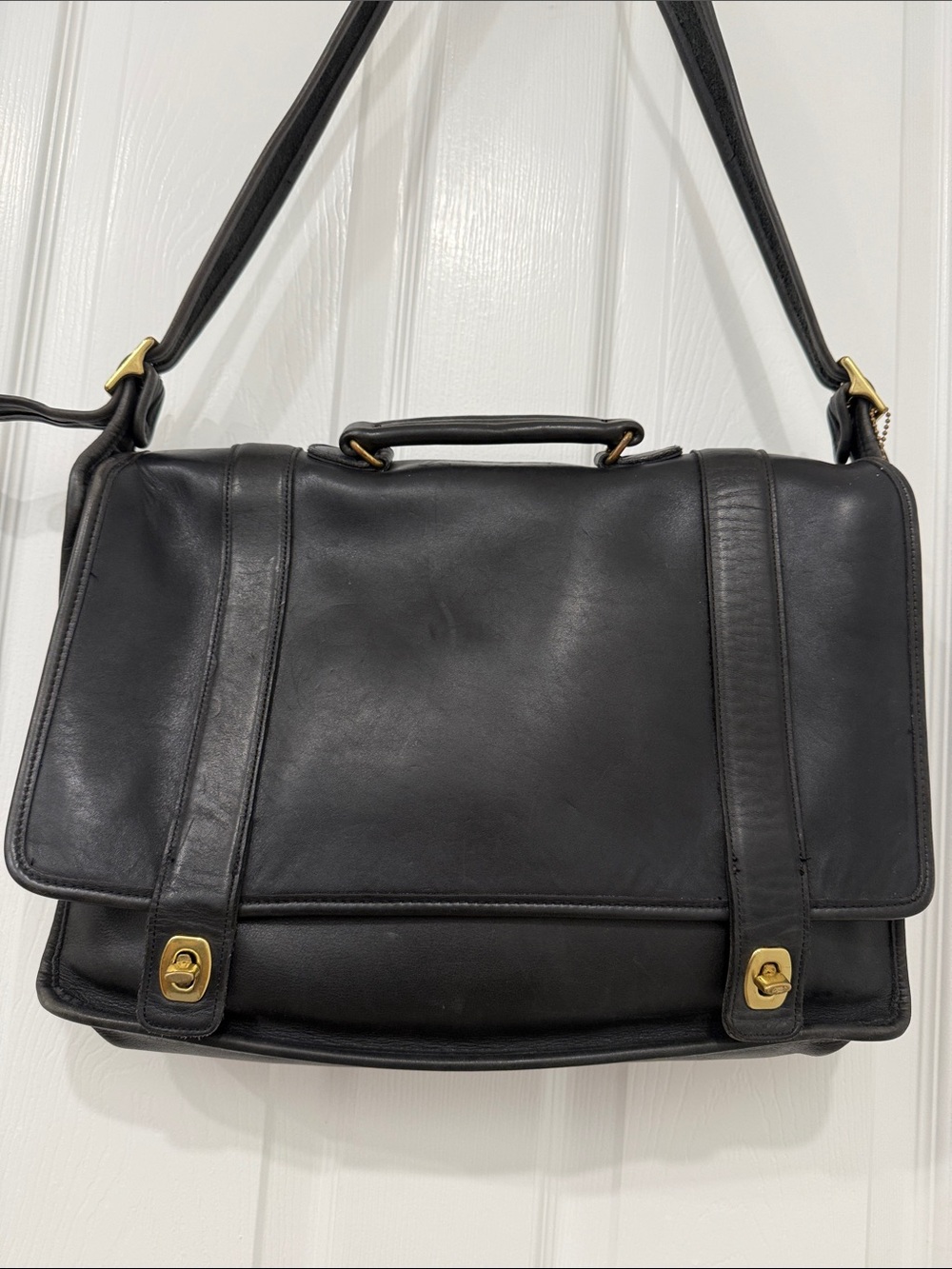 Coach Black Leather Briefcase with Brass Hardware
